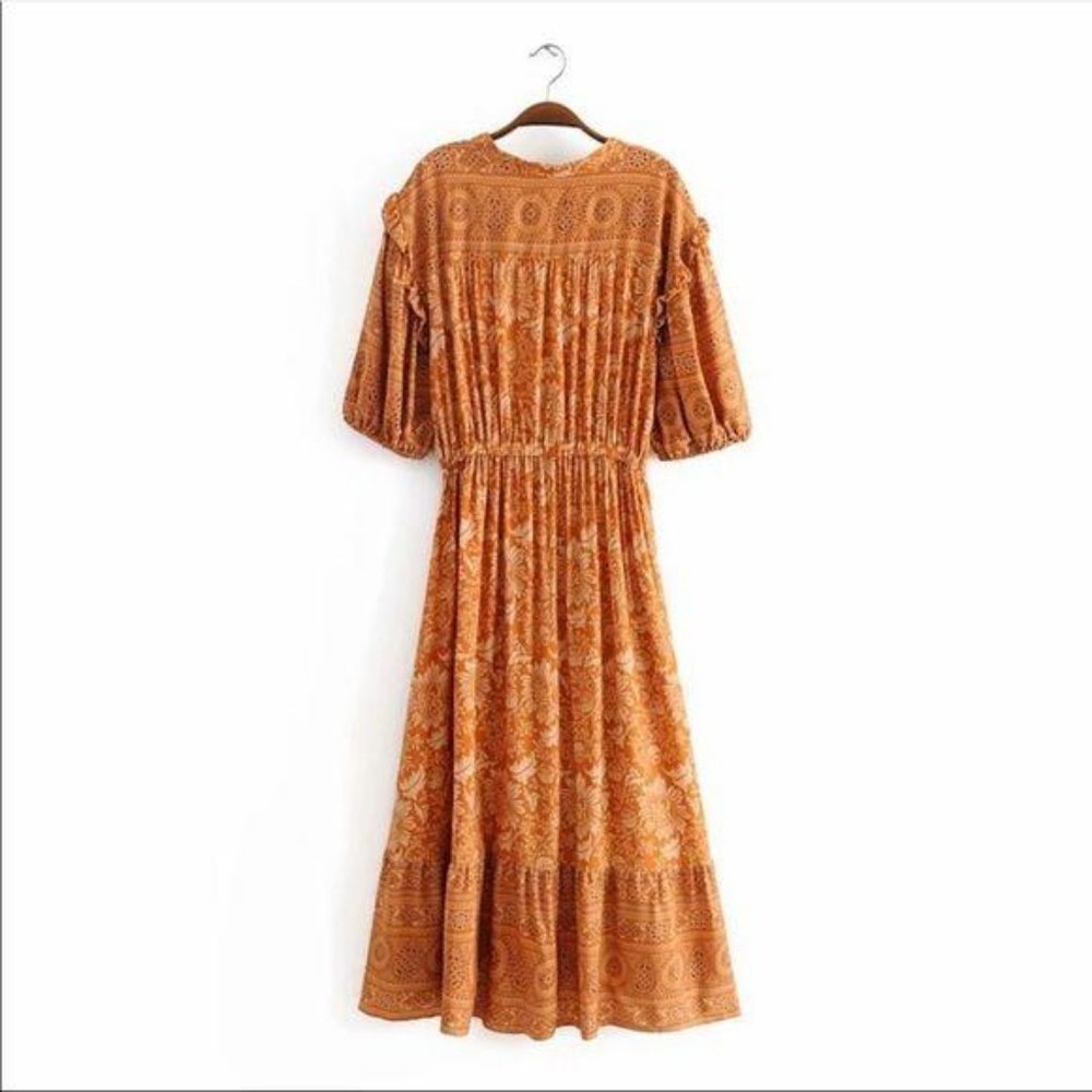 Bohemian Gypsy Print Ruffle Floral Dress Orange - Picture 7 of 13